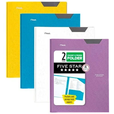 Afbeelding van Five Star 2 Pocket mappen, 4 stuks, plastic mappen met Stay Put Tabs en Prong Fasteners, Houdt 8 1/2 &quot;x 11&quot; papier, beschrijfbaar etiket, Tidewater Blauw, Wit, Amethist Paars, Oogst Geel (38064)