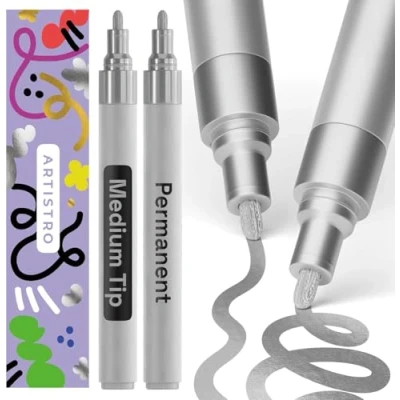 Afbeelding van ARTISTRO Metallic permanente markers Set van 2 zilveren verfstiften, oliegebaseerde verfmarkers medium tip 3 mm, waterdichte sneldrogende verfpennen voor rotsschilderen, keramiek, glas, hout, band,