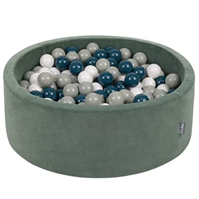 Afbeelding van KiddyMoon rond ballenbad fluwelen 90x30cm/300 ballen ∅ 7cm ballenbakken voor baby&#039;s speelbad peuters, made in eu, forest green: donker turquoise/groen grijs/wit