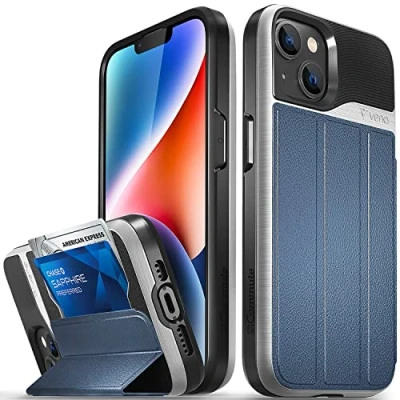 Afbeelding van VENA vCommute Portemonnee hoesje compatibel met Apple iPhone 14 (6,1 inch inch), (militaire valbescherming), lederen fliphoesje, kaartsleuf en standaard, blauw