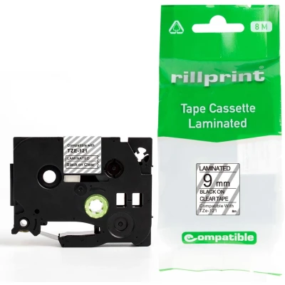 Afbeelding van Rillprint Compatible Tze Tape Voor Brother 121, 9 Mm, Zwart Op Transparant Etiket