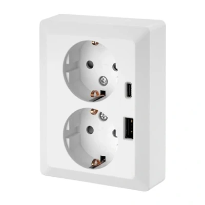 Afbeelding van inbouw dubbel stopcontact, USB A, C, all in one, serie CH1 wit