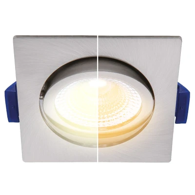 Afbeelding van Led inbouwspot badkamer nikkel/RVS, vierkant, dim to warm (3000K 2000K), kantelbaar, 5W=50W, zaagmaat Ø75mm, buitenmaat Ø85mm, 23mm diep