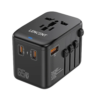 Afbeelding van LENCENT 65W Reisadapter Wereldwijd, GaN3 Snellader Universele Reisstekker met 3 PD3.0 USB C+1 USB, Alles in één Internationale stekker voor Telefoons Laptops, 200+ Landen EU UK DE VS Type A/C/G/I