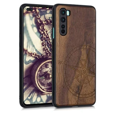 Afbeelding van kwmobile telefoonhoesje compatibel met OnePlus Nord Hoesje van hout en TPU In donkerbruin Vintage Kompas