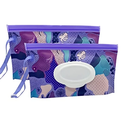 Afbeelding van ULVBABI Draagbare natte veeg Pouch Dispenser, herbruikbare Baby luier verwijdering zakken, navulbare persoonlijke reizen Clutch Dispenser houder Houdt doekjes vochtig (paarse stijl, 2 pack)