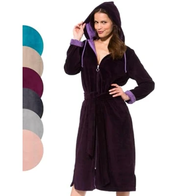 Afbeelding van Morgenstern badjas met rits dames capuchon bamboe katoen microfiber badstof velour purper XL