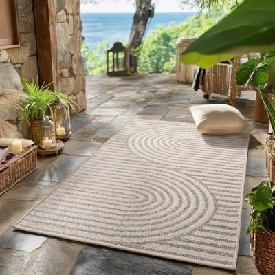Afbeelding van SIMPEX Buiten Vloerkleed beige 80x150 cm, weerbestendig en UV bestendig, ideaal voor de keuken, balkon, terras, evenals woonkamer eetkamer, Scandinavisch boho design