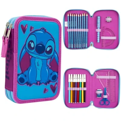 Afbeelding van Disney Gevuld etui met briefpapier voor kinderen, schoolbenodigdheden kleurpotloden, markers cadeaus meisjes, Blauw/Paars Stitch Dubbele Rits, Eén maat, Potlood Gevallen