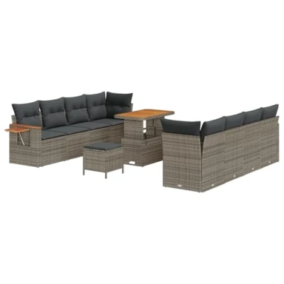 Afbeelding van vidaXL 11 delige Tuin Sofa Set met Kussens Grijs Poly Rattan Acacia, 3 Eettafel Acacia