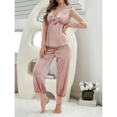 Afbeelding van pyjama set dames satijn sexy mesh kant katoen goedkoop huispak loungewear nachtkleding