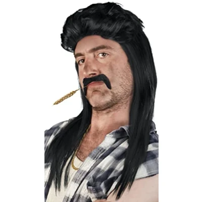 Afbeelding van SET van: Mullet Pruik + Baard Gouden Ketting Rocker Chav Proll Pimp Blond Brunette Grijs Zwart 80s 90s (Zwart Ketting)