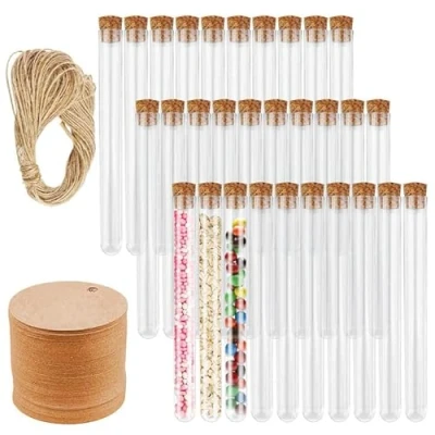 Afbeelding van Firschoie 30 stuks reageerbuisjes, 15 x 150 mm reageerbuizen met kurk kunststof, transparante reageerbuisjes kraftpapieren hangers en 20 m henneptouw, voor laboratoria, snoep, bloemen