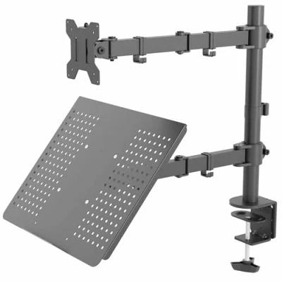 Afbeelding van VIVO Zwarte volledig verstelbare 13 tot 32 inch enkele computermonitor en laptop bureaumontage combo, standaard met doorvoeroptie, geschikt voor laptops 17 (STAND V002C)