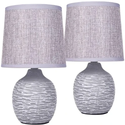 Afbeelding van BRUBAKER Set van 2 tafel of bedlampjes, 27 cm, grijs, keramische lampvoeten met structuur, linnen lampenkappen