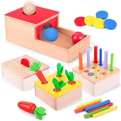Afbeelding van Montessori houten speelgoed vanaf 1 jaar, 4 in speelgoed, motoriekspeelgoed, voor jongens en meisjes, objectpermanentie, sorteerspel, puzzel kinderen, Pasen, Kerstmis, geboortedag, nieuw