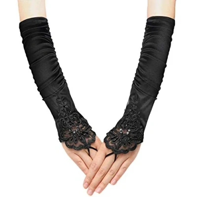 Afbeelding van Qincling Vingerloze Handschoenen Kant Pailletten Lange Handschoen 1920s Opera Satijn Bruid Bruiloft Party Klassieke Elleboog Lengte