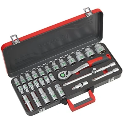 Afbeelding van Meister Dopsleutelset 28 delig 1/2 inch aandrijving grote cijfers chroom vanadium staal robuuste metalen koffer gebogen omschakelratel/rateldoos/rateldoos / 8429100