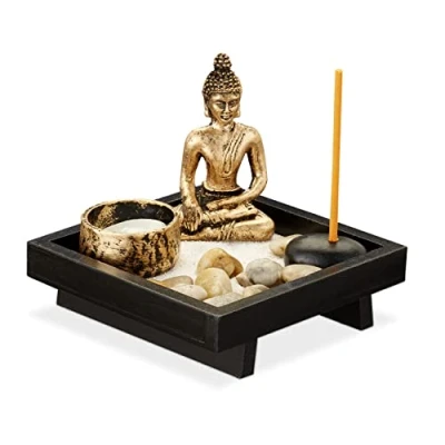 Afbeelding van Relaxdays zen tuintje, boeddha, stenen, zand, wierookstokjes &amp; theelichthouder, ontspanning, Feng Shui deco, zwart