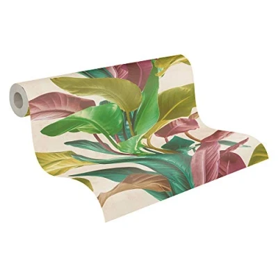 Afbeelding van Leen Bakker Livingwalls Behang Tropische Bladeren Groen, Oudroze En Petrolblauw Vinyl