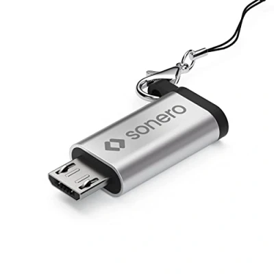Afbeelding van Sonero Micro USB naar C adapter, compatibel met Apple apparaten, OTG ondersteuning, perfect geschikt voor e bikes, incl. lus/karabijnhaak, aluminium behuizing, zilver