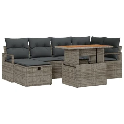 Afbeelding van vidaXL 7 Delige Tuin Sofa Set met Kussens Grijs Poly Rattan, 2 Zits Rattan