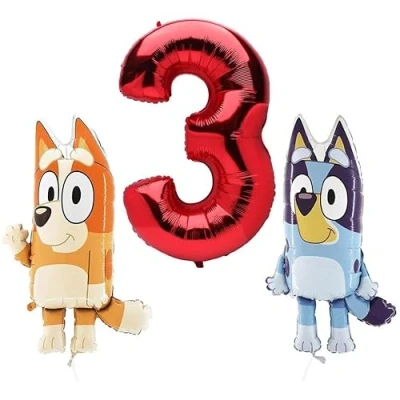Afbeelding van Toyland® Bluey &amp; Bingo folieballonpakket 2 x 32&quot; karakterballonnen 1 40&quot; cijferballon Kinderfeestdecoraties