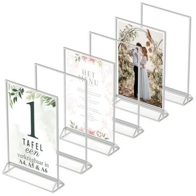 Afbeelding van Dasher Products zilveren fotolijsten, dubbelzijdig A4 6 stuks acryl tafelnummerhouders, transparante ezeltafelstandaards voor borden, menuhouder, fotolijst