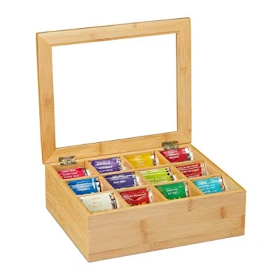 Afbeelding van Relaxdays theedoos bamboe, 12 vaks, doorzichtige deksel, grote theekist, organizer theezakjes, HBD: ca. 9x28x23, natuur