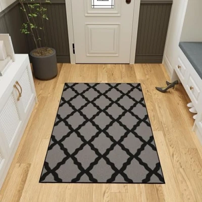 Afbeelding van Machine wasbaar Marokkaans latwerkontwerp, antislip rubberback 3 x 5 traditioneel tapijt voor binnen, slaapkamer, keuken, cm, donkergrijs