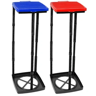 Afbeelding van COM FOUR® 2x vuilniszakstandaard met deksel, in 3 mogelijke hoogtes op te zetten, ideaal voor huis, tuin, werkplaats en camping uw afvalverwerking (Deksel blauw + rood)