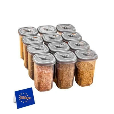 Afbeelding van IDOBY Set van 12 kruidenpotjes kunststof, transparante kruidenpotjes, BPA vrije camping kruidenbox, keuken, zout en peperstrooier, voor het bewaren specerijen