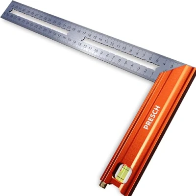 Afbeelding van Presch Winkelhaak met aanslag 300mm Middelgroot Inclusief roestvrij stalen aftekenmaat (30cm), waterpas &amp; markeernaald 90 45 Timmermanshoek, Speed Square, Carpentry Squares, Aanslaghoek