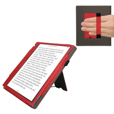 Afbeelding van kwmobile flip cover voor e reader geschikt Pocketbook InkPad Eo / Bigme InkNote Color+ Van imitatieleer en suède In rood donkergrijs
