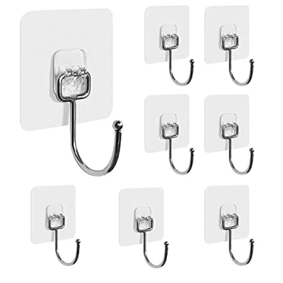 Afbeelding van YANGWEN Zelfklevende haken, transparant, 8 stuks keukenwandhaken, heavy duty, 20 kg (max.), waterdicht, afneembaar, keukenhaak voor keuken, badkamer, muur en plafond, ophanghaak.