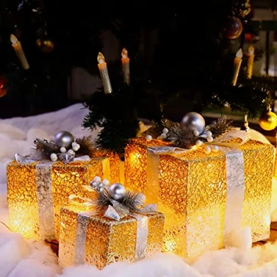 Afbeelding van CCLIFE Set van 3 led geschenkdozen, kerstbox, verlichte lichtketting op batterijen, kerstdecoratie