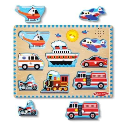 Afbeelding van Melissa &amp; Doug Geluidspuzzel met voertuigen Houten knoppuzzel geluidseffecten (8 stukjes) Ontwikkelingsspeelgoed voor Kinderen Geweldig Cade