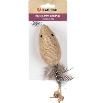 Afbeelding van Flamingo Speelgoed Yutsa muis bruin 18 x 4,7 4,8 cm met rammelgeluiden, banden en veren oefent een rustgevende werking