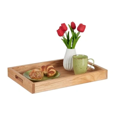 Afbeelding van Relaxdays dienblad, hout &amp; MDF, HxBxD: ca. 5 x 46 31 cm, met 2 handgrepen, hoge rand, rechthoekig serveerblad, natuur