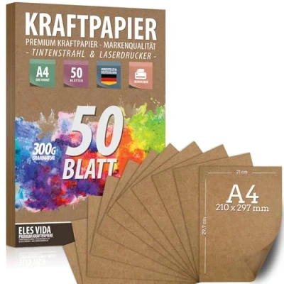 Afbeelding van 50 vellen kraftpapier A4 set 300 g 21 x 29,7 cm DIN formaat knutselpapier &amp; natuurkarton kartonnen kraftkarton om af te drukken, papierknutsels huwelijksgeschenk en etiketten