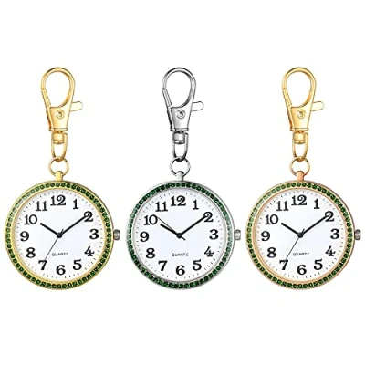 Afbeelding van JewelryWe Sleutelhanger Horloge Strass Quartz Zakhorloge FOB Clip on Riem Nieuwigheid Horloges voor Mannen Vrouwen, Groen 3 stuks, Klassiek