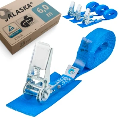 Afbeelding van valonic ALASKA 4x 6m Spanbanden met ratel, 25mm, 800 Kg, gewatteerd, TÜV Rheinl. / GS gecertificeerd, EN 12195 2 spanband blauw, ratelspanband voor ladingzekering, wasmachine, boot