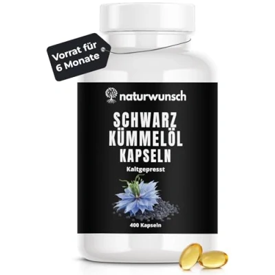 Afbeelding van naturwunsch Koudgeperste zwarte komijnolie 400 capsules Nigella sativa, molenvers geproduceerd in Duitsland, 1000 mg dagelijkse dosis voor 6,5 maanden