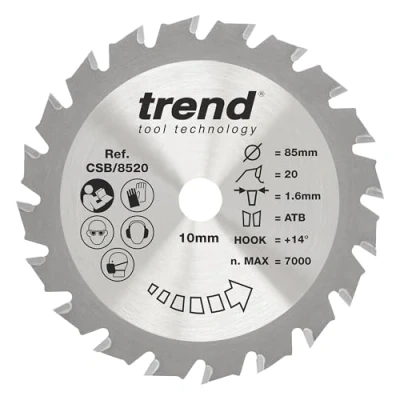 Afbeelding van Trend CraftPro TCT Accuzaagblad voor minizagen hout, diameter 85 mm, boring 10 20 tanden, 1,6 mm kerf, 14 haak, CSB/8520, wolfraamcarbide getipt