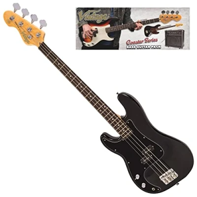 Afbeelding van Vintage VIP LHV40BLK Coaster Series Gloss Black Bass Pack linkshandige elektrische bas set met versterker
