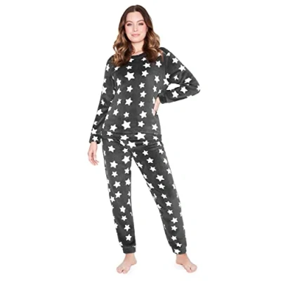 Afbeelding van CityComfort pyjama voor dames, lange fleece huispak, behaaglijk, grijze sterren, L