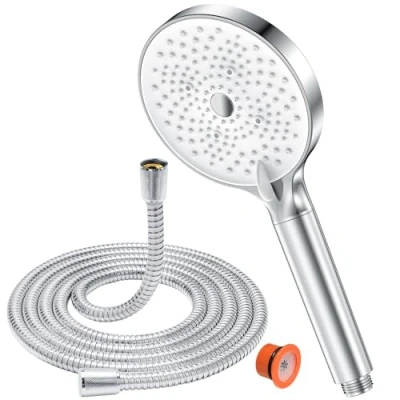 Afbeelding van douchekop met slang 1,6 m YEAUPE waterbesparend, filter, 6 straalsoorten, spaardouchekop groot (130 mm diameter), chroom/wit