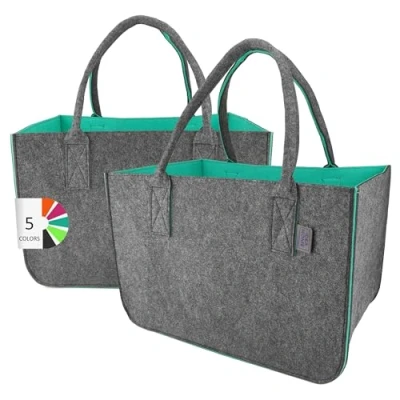 Afbeelding van LEVIATAN Vilten tas Shopper 2 Stuks Grote 30 liter Boodschappentas XXL Opvouwbare Boodschappenmand Haardhouttas Kledingmand Speelgoedtas Donkergrijs/Turquoise, XL