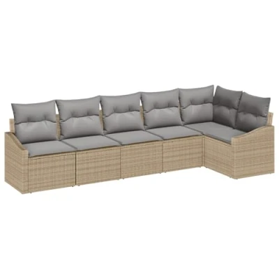 Afbeelding van vidaXL 6 delige tuintafelset met kussens Beige Poly Rattan