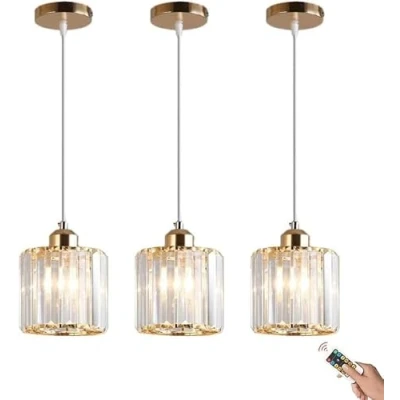 Afbeelding van Draadloze oplaadbare kristallen glazen hanglamp met afstandsbediening Moderne voor eetkamer en keukeneiland Op batterijen werkende plafondverlichtingsarmatuur Zwarte kleur
